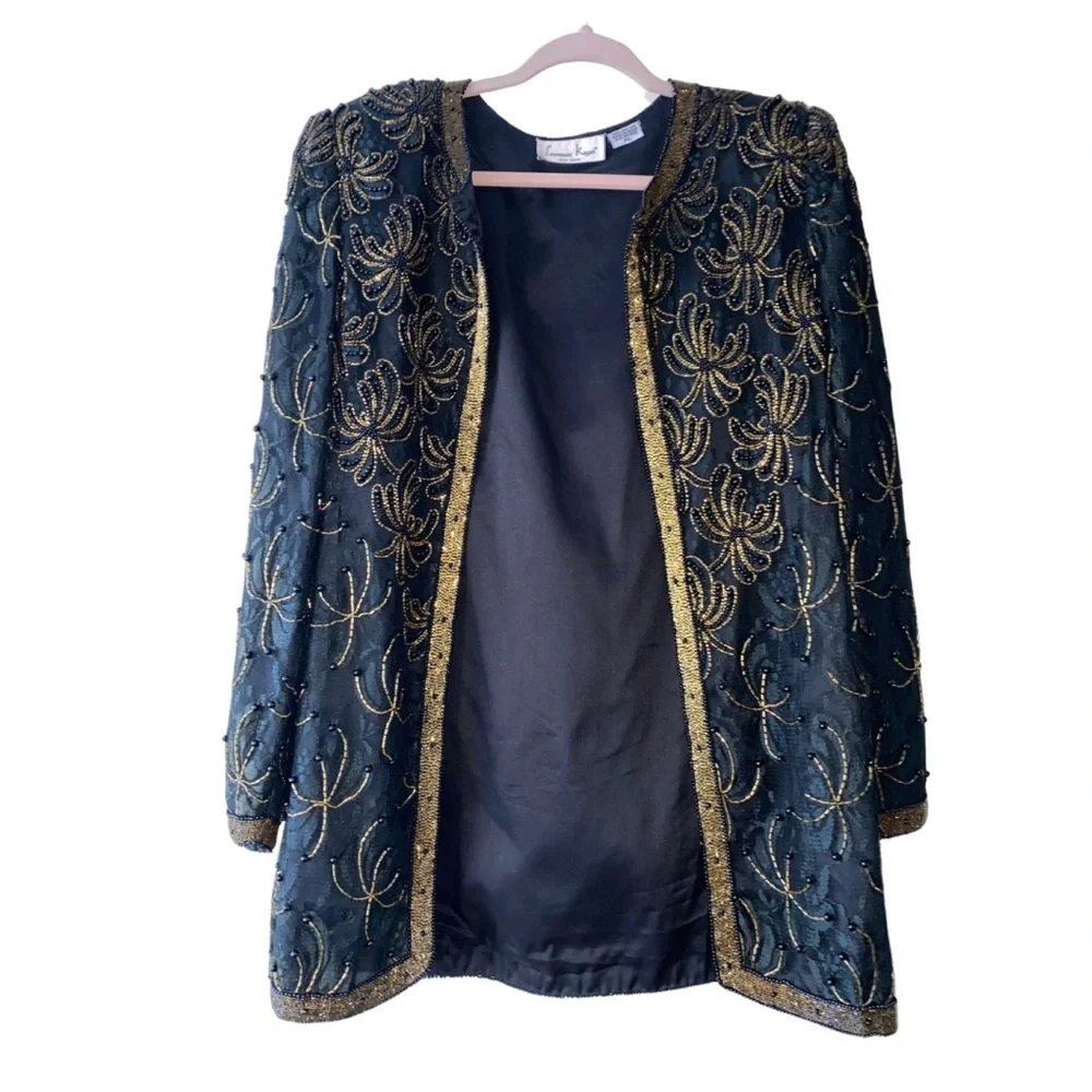LAURENCE KAZAR XL Black Gold Beaded Jacket Blazer Evening Holiday Cocktail Top - Picture 4 of 13